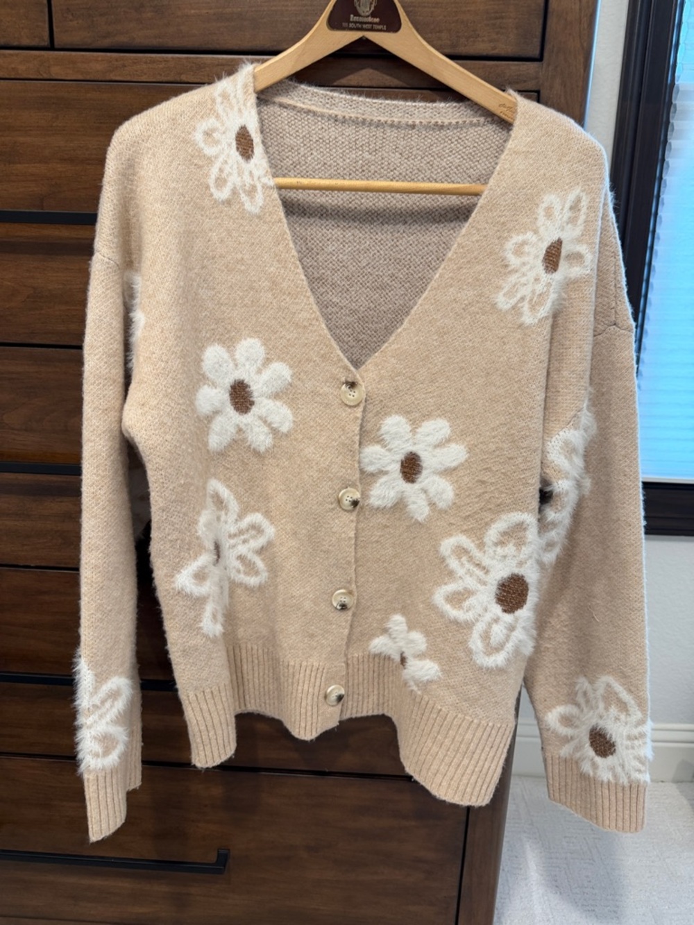 Beige Floral V-Neck Button Cardigan